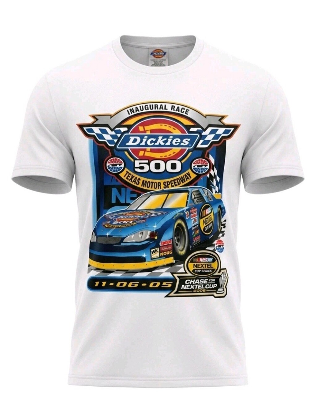 2005 VTG Dickies White Short-Sleeve Racing Graphic Tee with Blue & Yellow Car XL